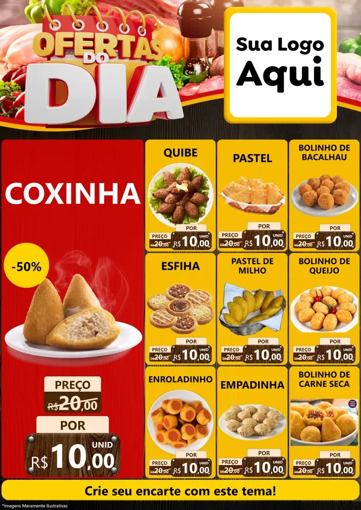 Modelo de Encarte para Encarte A4 Vertical com o tema Ofertas do Dia para Salgadaria