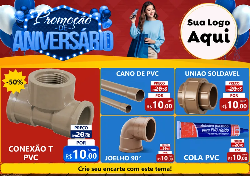 Modelo de Encarte para Encarte A4 Horizontal com o tema Promoção de Aniversário para Tubos e conexões