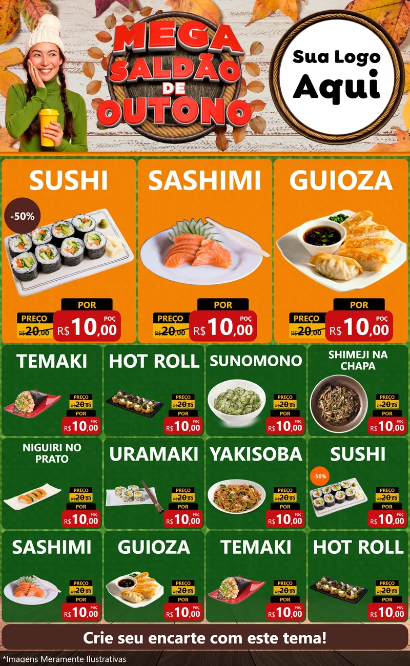 Modelo de Encarte para Encarte Grande com o tema Mega Saldão de Outono para Comida japonesa