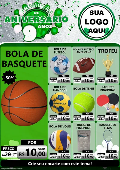 Modelo de Encarte para Encarte A4 Vertical com o tema Promoção de Aniversário - 9 Anos para Artigos Esportivos
