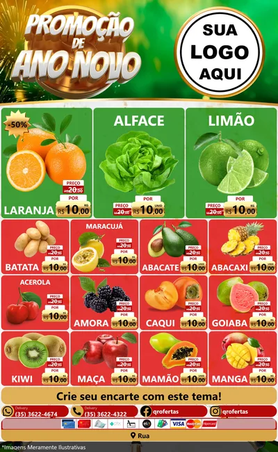 Modelo de Encarte para Encarte Grande com o tema Promoção de Ano Novo para Hortifrúti