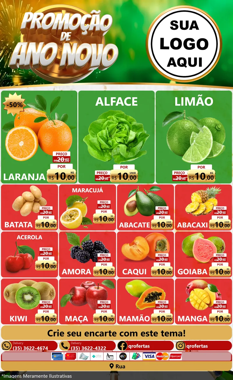 Modelo de Encarte para Encarte Grande com o tema Promoção de Ano Novo para Hortifrúti