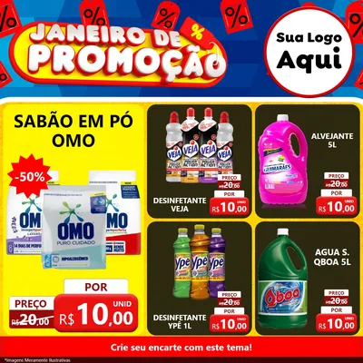 Modelo de Rede Social para Feed Facebook com o tema Janeiro de Promoção para Produtos de Limpeza