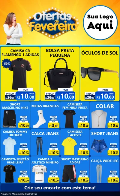Modelo de Encarte para Encarte Grande com o tema Ofertas de Fevereiro para Roupas e acessórios