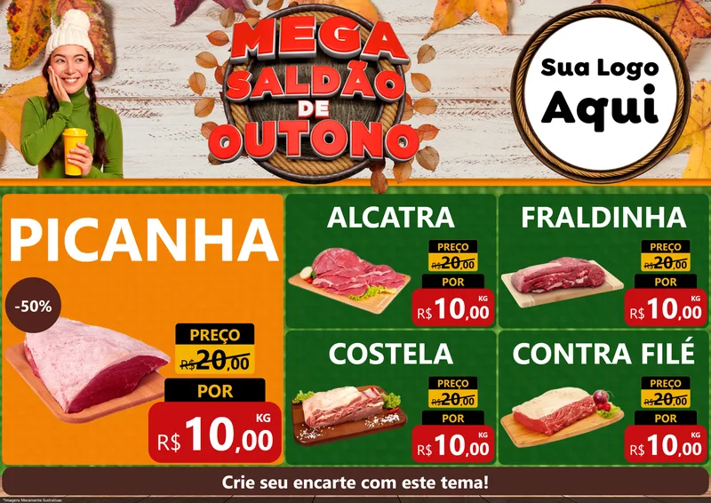 Modelo de Encarte para Encarte A4 Horizontal com o tema Mega Saldão de Outono para Açougue