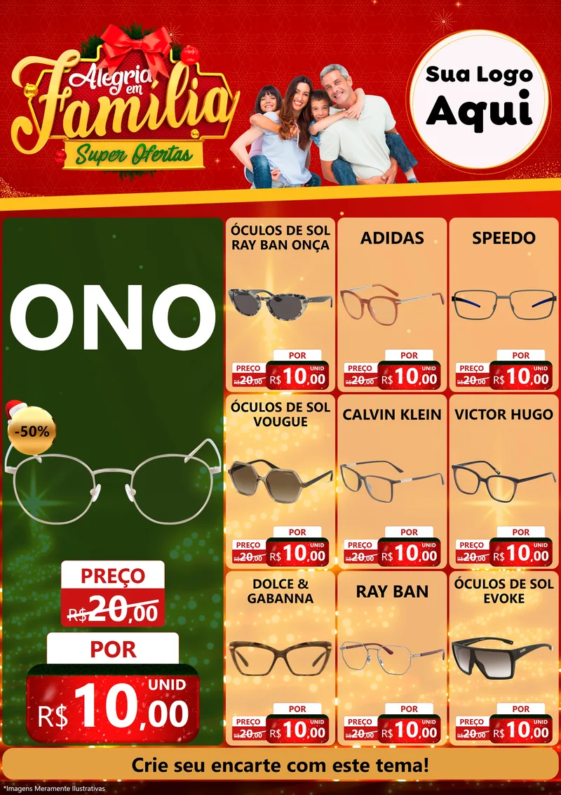 Modelo de Encarte para Encarte A4 Vertical com o tema Alegria em Família Super Ofertas - Natal para Óticas