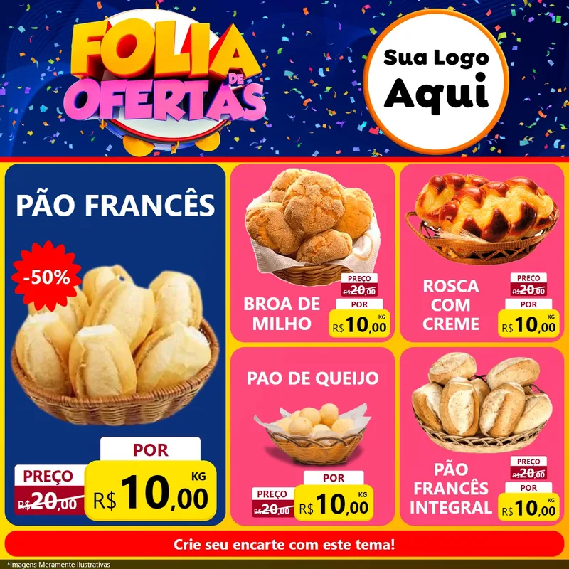 Modelo de Rede Social para Feed Facebook com o tema Folia de Ofertas para Padaria