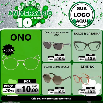 Modelo de Rede Social para Feed Facebook com o tema Promoção de Aniversário - 10 Anos para Óticas