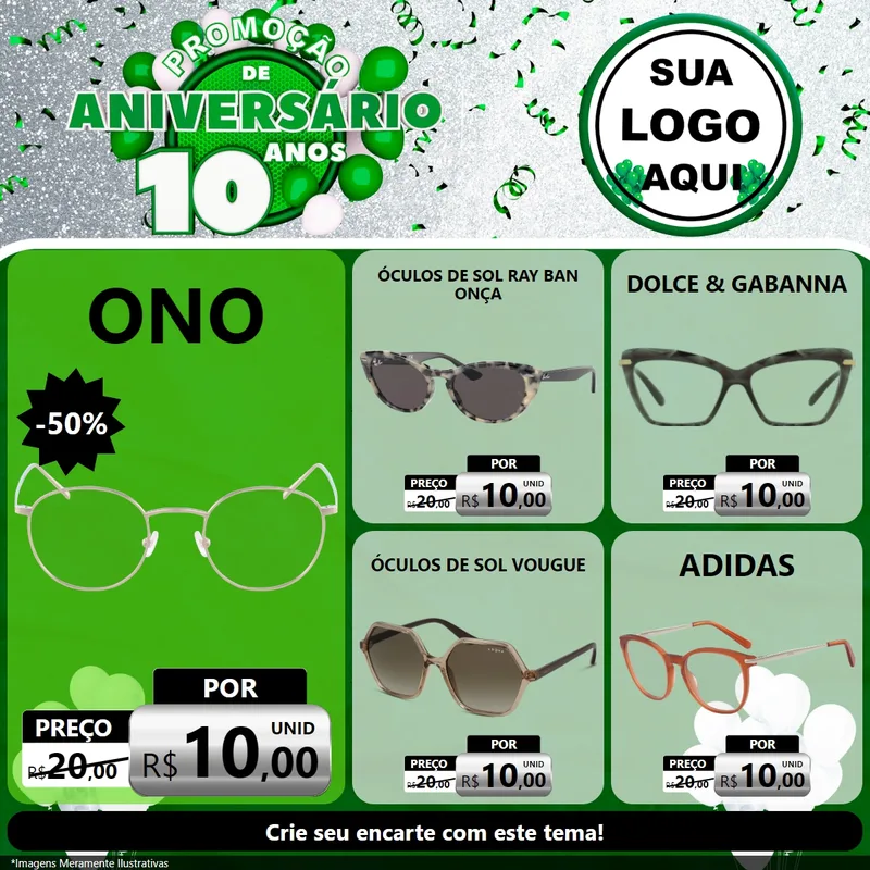Modelo de Rede Social para Feed Facebook com o tema Promoção de Aniversário - 10 Anos para Óticas