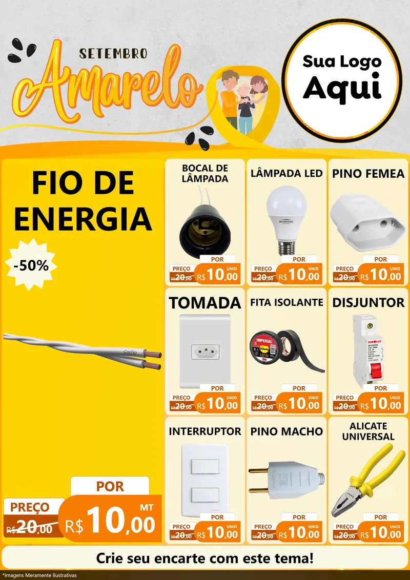 Modelo de Encarte para Encarte A4 Vertical com o tema Setembro Amarelo para Materiais Elétricos