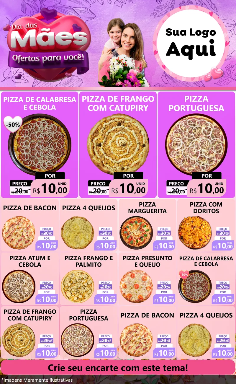 Modelo de Encarte para Encarte Grande com o tema Dia das Mães Ofertas para Você! para Pizzaria