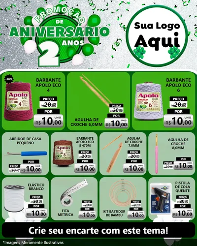 Modelo de Rede Social para Feed Instagram com o tema Promoção de Aniversário - 2 Anos para Armarinho e Aviamentos