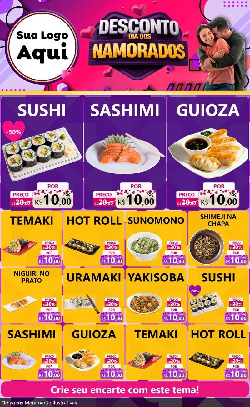 Modelo de Encarte para Encarte Grande com o tema Desconto Dia dos Namorados para Comida japonesa