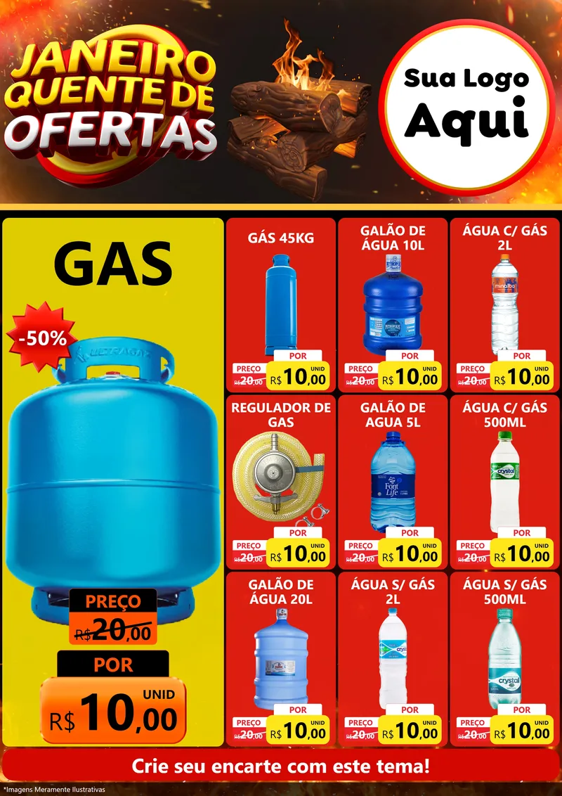 Modelo de Encarte para Encarte A4 Vertical com o tema Janeiro Quente de Ofertas para Água e gás