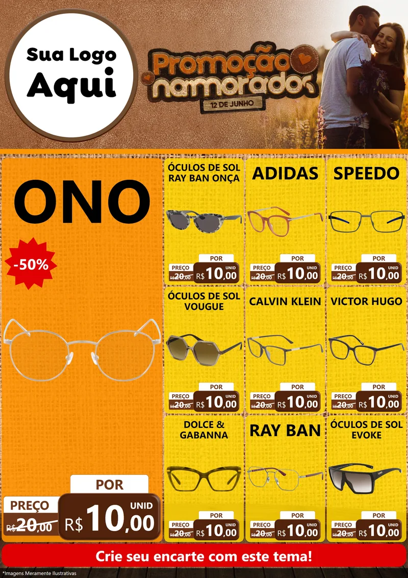 Modelo de Encarte para Encarte A4 Vertical com o tema Promoção Namorados para Óticas