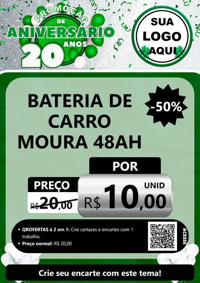 Modelo de Cartaz para Cartaz A4 Vertical com o tema Promoção de Aniversário - 20 Anos para Baterias Elétricas
