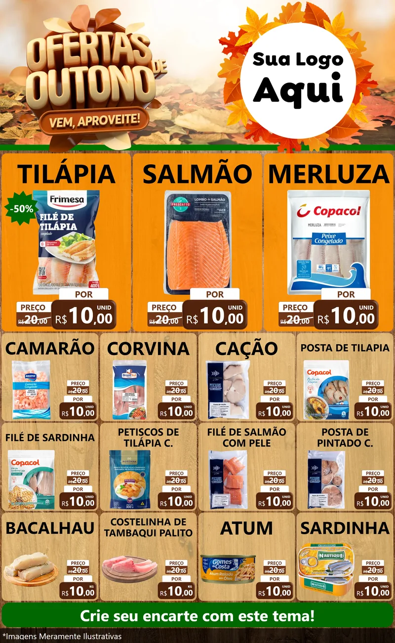 Modelo de Encarte para Encarte Grande com o tema Ofertas de Outono - Vem, Aproveite! para Peixaria