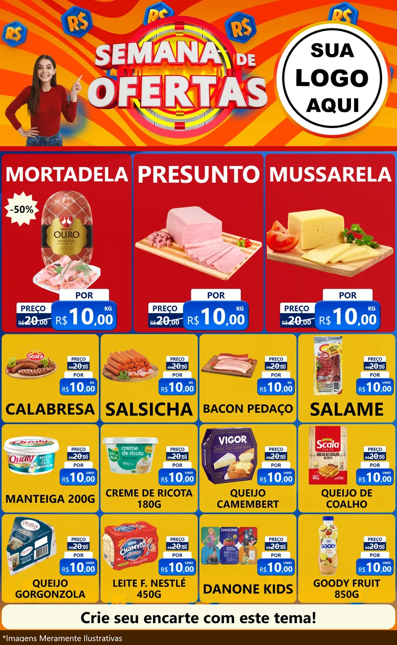Modelo de Encarte para Encarte Grande com o tema Semana de Ofertas para Frios e Laticínios