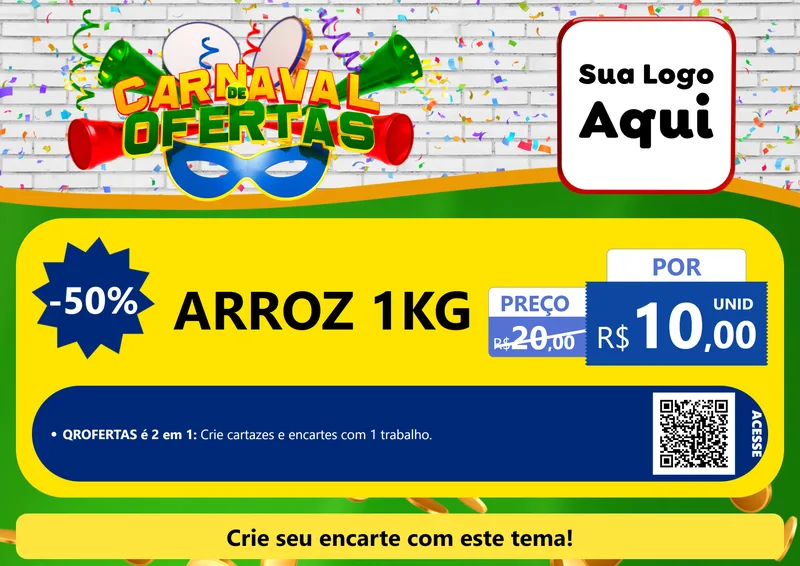 Modelo de Cartaz para Cartaz A4 Horizontal com o tema Carnaval de Ofertas para Supermercado
