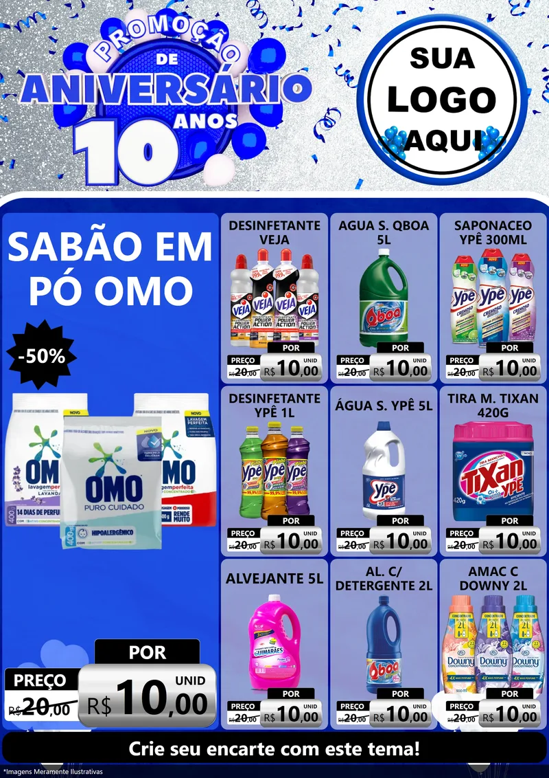 Modelo de Encarte para Encarte A4 Vertical com o tema Promoção de Aniversário - 10 Anos para Produtos de Limpeza