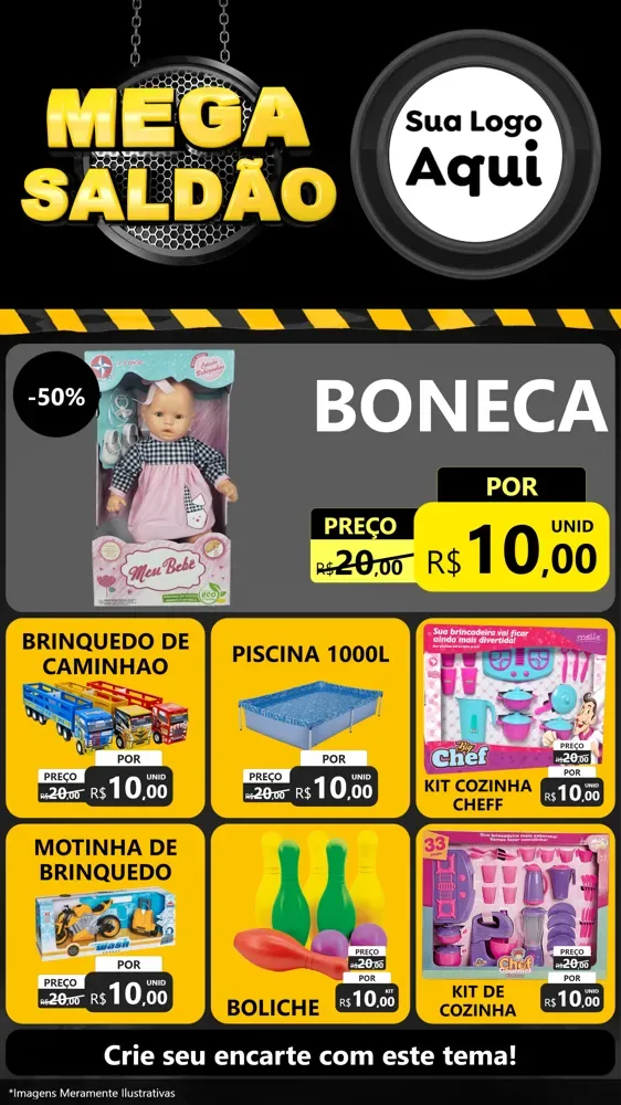 Modelo de Rede Social para Stories com o tema Mega Saldão para Brinquedos