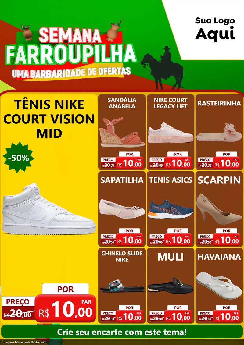 Modelo de Encarte para Encarte A4 Vertical com o tema Semana Farroupilha - Uma Barbaridade de Ofertas para Calçados