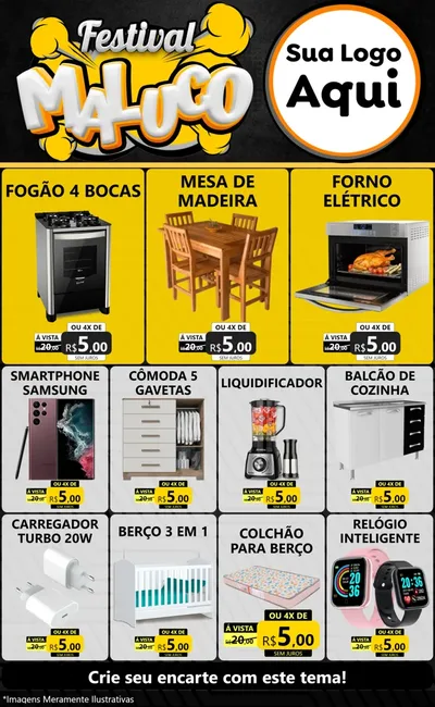 Modelo de Encarte para Encarte Grande com o tema Festival Maluco para Móveis e Eletro