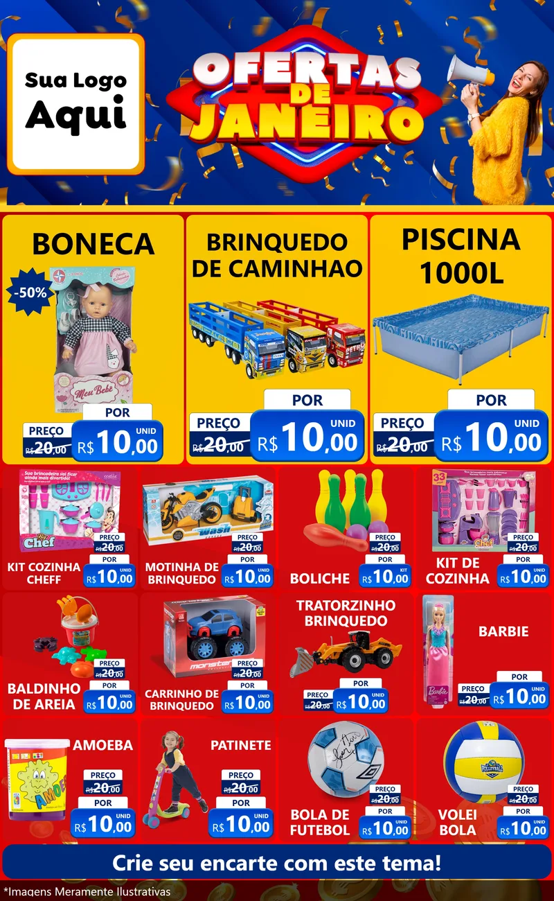 Modelo de Encarte para Encarte Grande com o tema Ofertas de Janeiro para Brinquedos