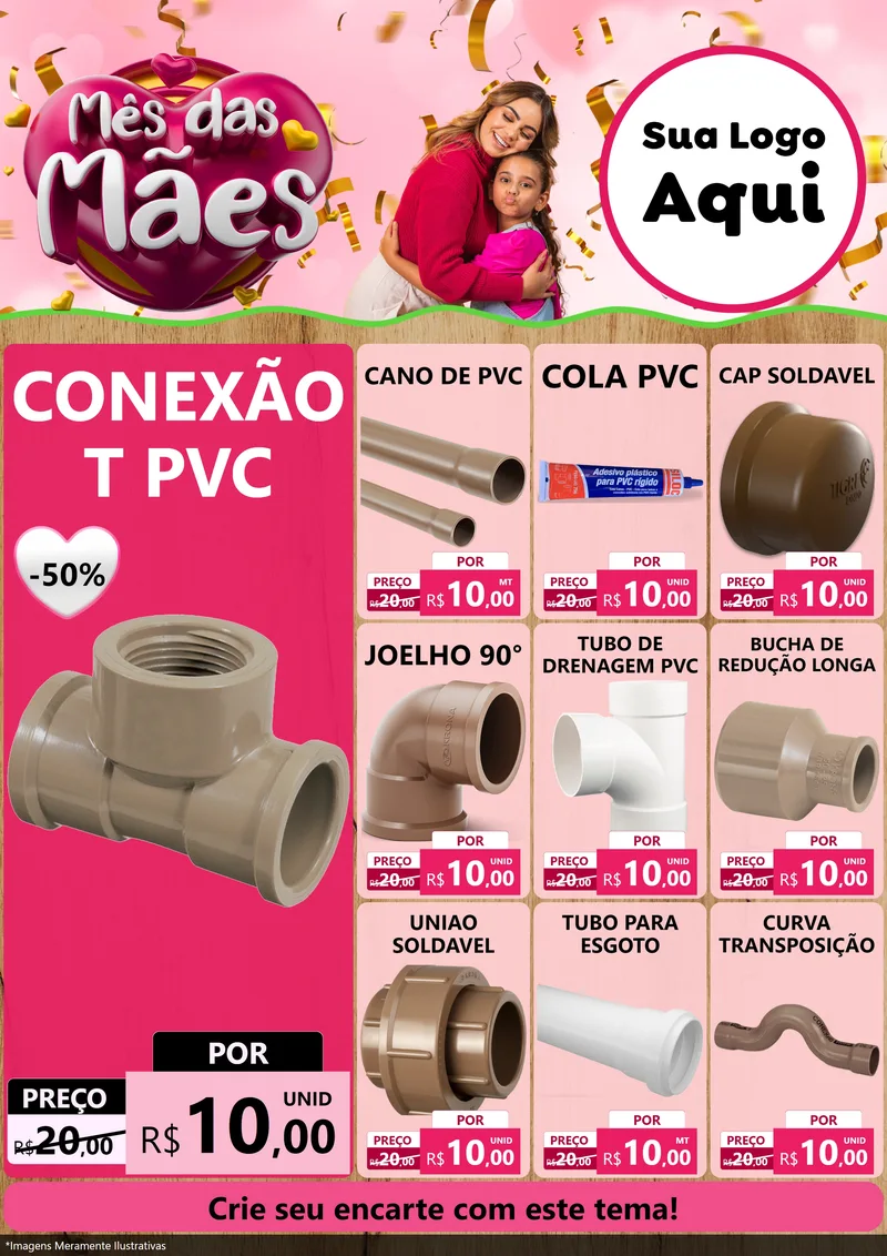 Modelo de Encarte para Encarte A4 Vertical com o tema Mês das Mães para Tubos e conexões