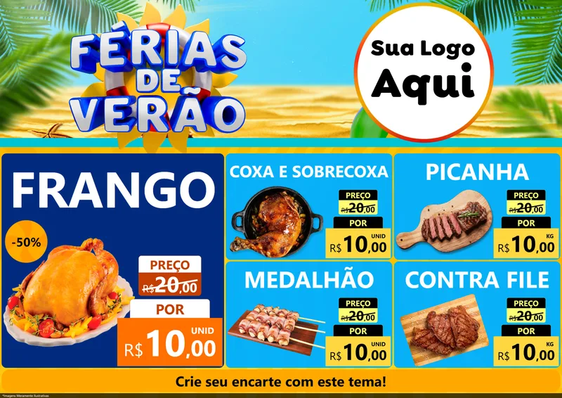 Modelo de Encarte para Encarte A4 Horizontal com o tema Férias de Verão para Assados