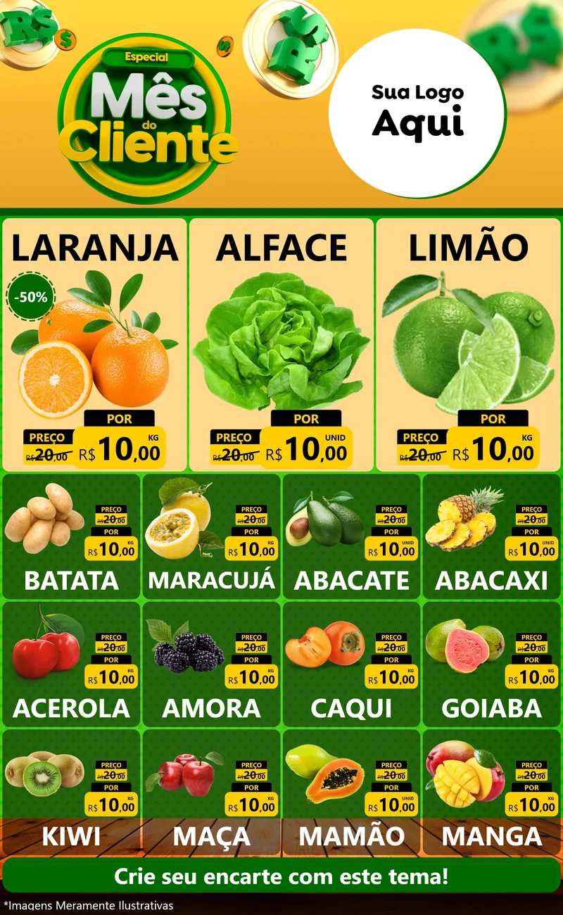 Modelo de Encarte para Encarte Grande com o tema Especial Mês do Cliente para Hortifrúti