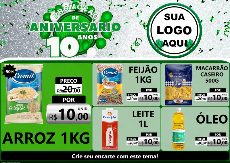 Modelo de Encarte para Encarte A4 Horizontal com o tema Promoção de Aniversário - 10 Anos para Supermercado