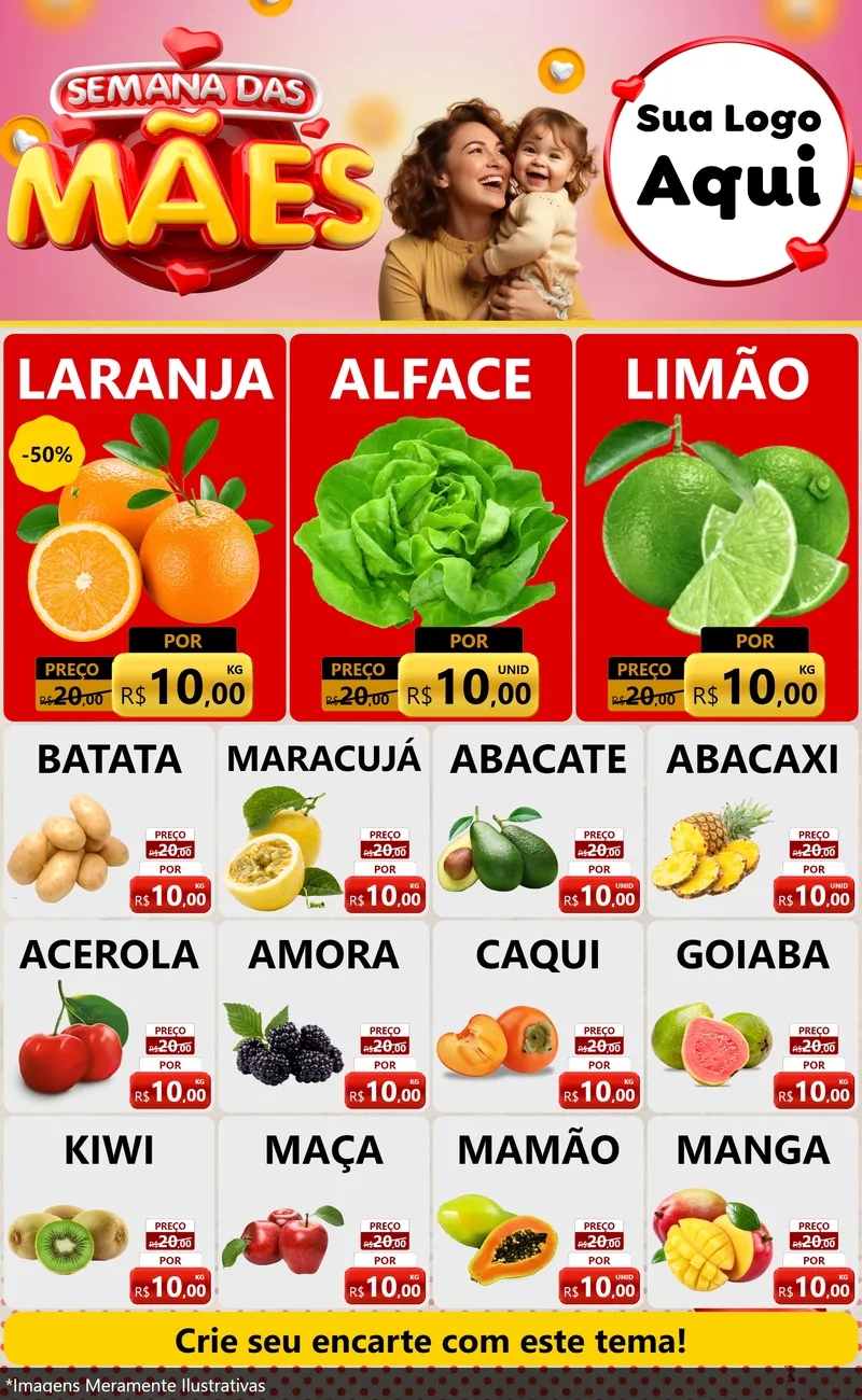 Modelo de Encarte para Encarte Grande com o tema Semana das Mães para Hortifrúti