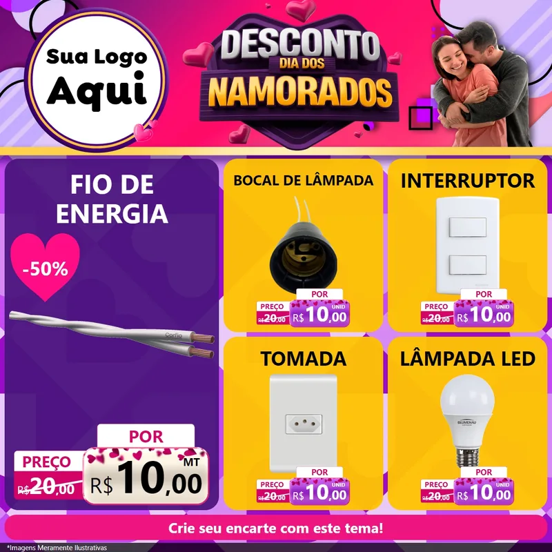 Modelo de Rede Social para Feed Facebook com o tema Desconto Dia dos Namorados para Materiais Elétricos