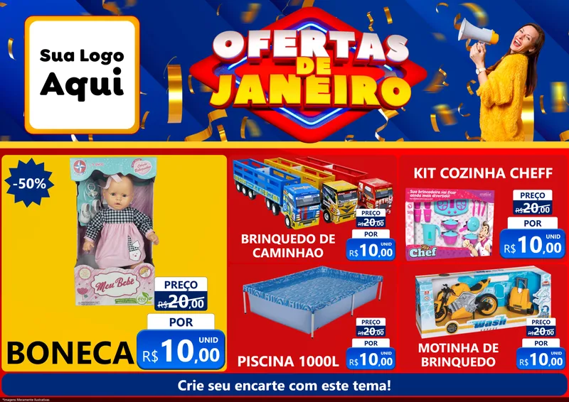 Modelo de Encarte para Encarte A4 Horizontal com o tema Ofertas de Janeiro para Brinquedos