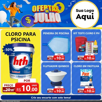Modelo de Rede Social para Feed Facebook com o tema Ofertas de Julho para Produtos para Piscina