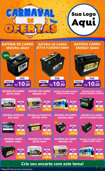 Modelo de Encarte para Encarte Grande com o tema Carnaval de Ofertas para Baterias Elétricas