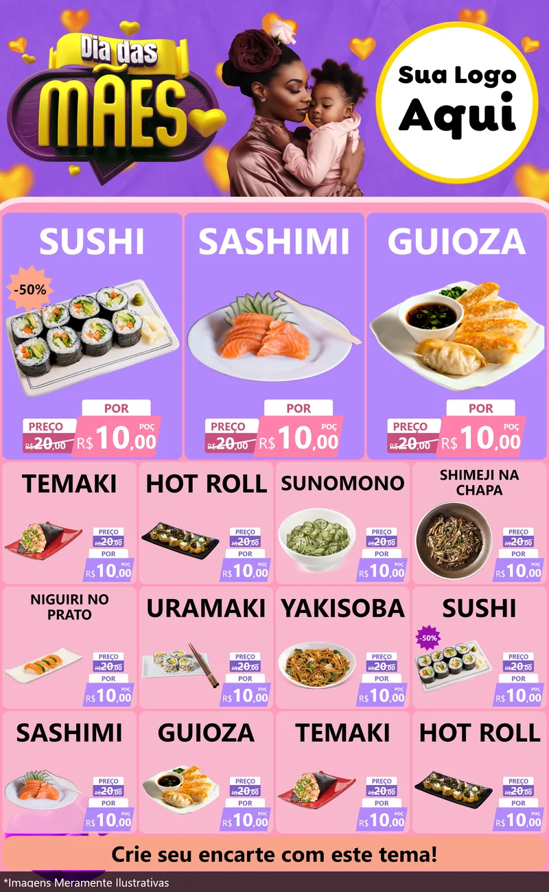 Modelo de Encarte para Encarte Grande com o tema Dia das Mães para Comida japonesa