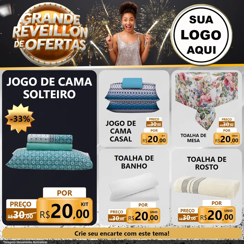 Modelo de Rede Social para Feed Facebook com o tema Grande Réveillon de Ofertas para Cama, Mesa e Banho