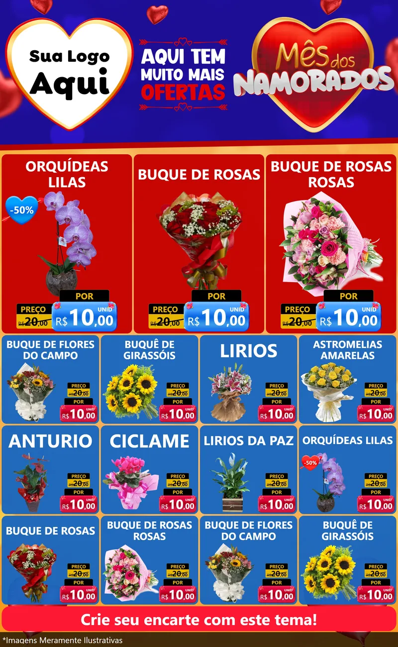Modelo de Encarte para Encarte Grande com o tema Mês dos Namorados para Floricultura e jardim