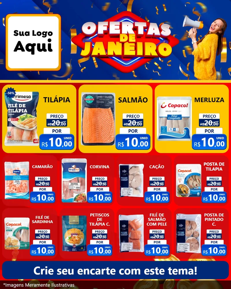 Modelo de Rede Social para Feed Instagram com o tema Ofertas de Janeiro para Peixaria
