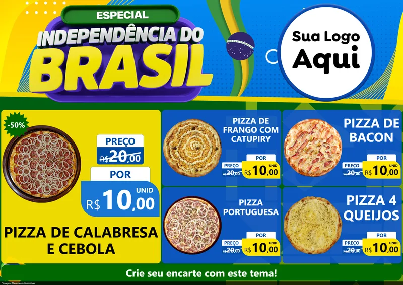 Modelo de Encarte para Encarte A4 Horizontal com o tema Especial Independência do Brasil para Pizzaria