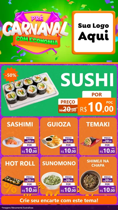 Modelo de Rede Social para Stories com o tema Pré-Carnaval Com Economia para Comida japonesa