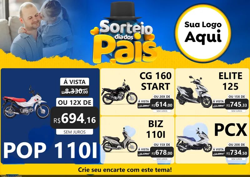 Modelo de Encarte para Encarte A4 Horizontal com o tema Sorteio Dia Dos Pais para Concessionaria de Motos