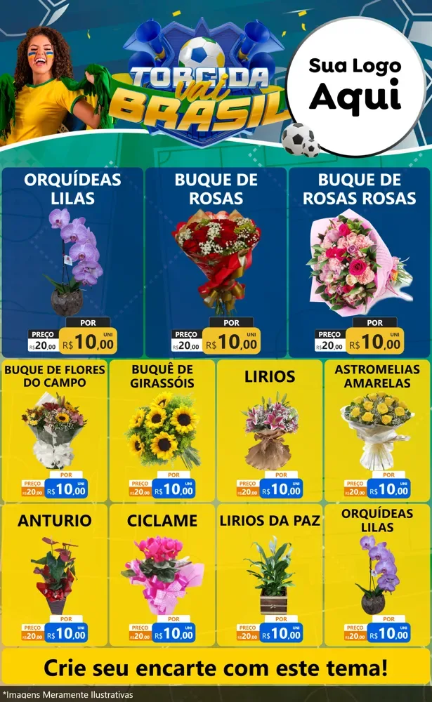 Modelo de Encarte para Encarte Grande com o tema Torcida Vai Brasil - Copa para Floricultura e jardim