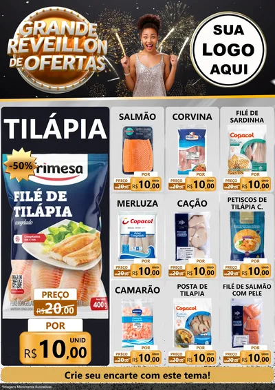 Modelo de Encarte para Encarte A4 Vertical com o tema Grande Réveillon de Ofertas para Peixaria