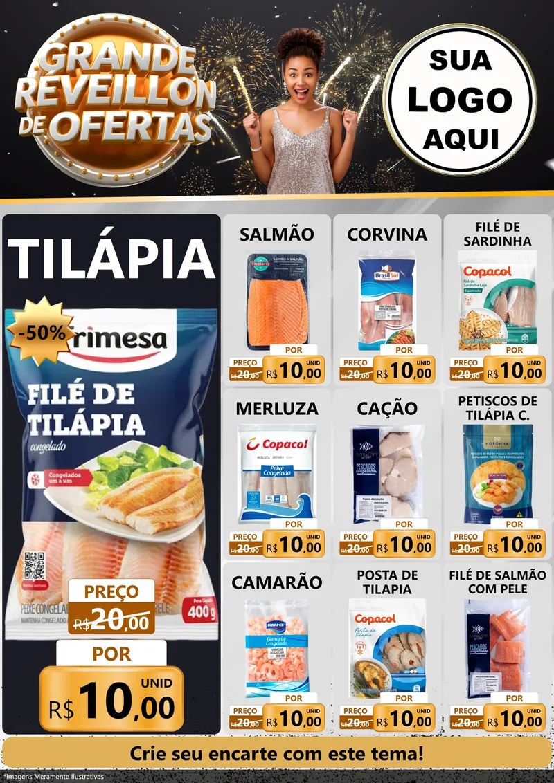 Modelo de Encarte para Encarte A4 Vertical com o tema Grande Réveillon de Ofertas para Peixaria