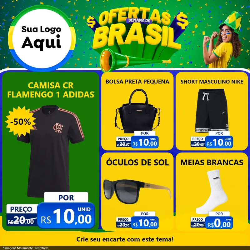 Modelo de Rede Social para Feed Facebook com o tema Ofertas Semana do Brasil para Roupas e acessórios