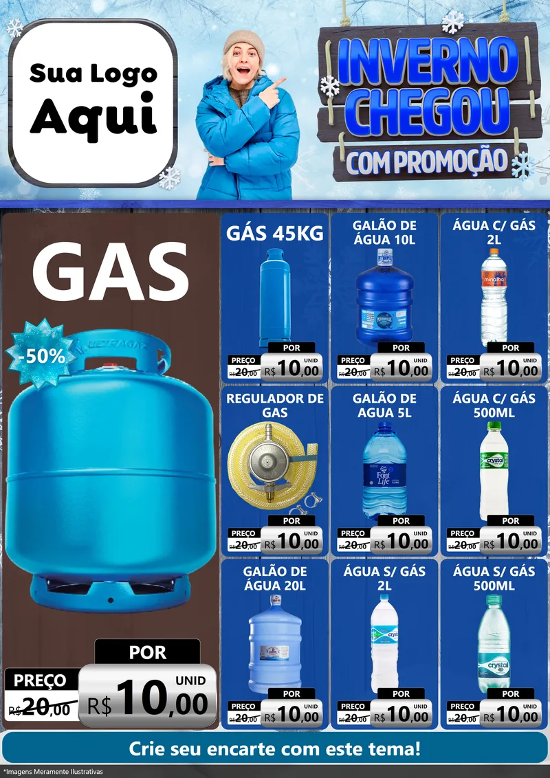 Modelo de Encarte para Encarte A4 Vertical com o tema Inverno Chegou Com Promoção para Água e gás