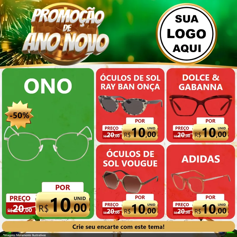 Modelo de Rede Social para Feed Facebook com o tema Promoção de Ano Novo para Óticas